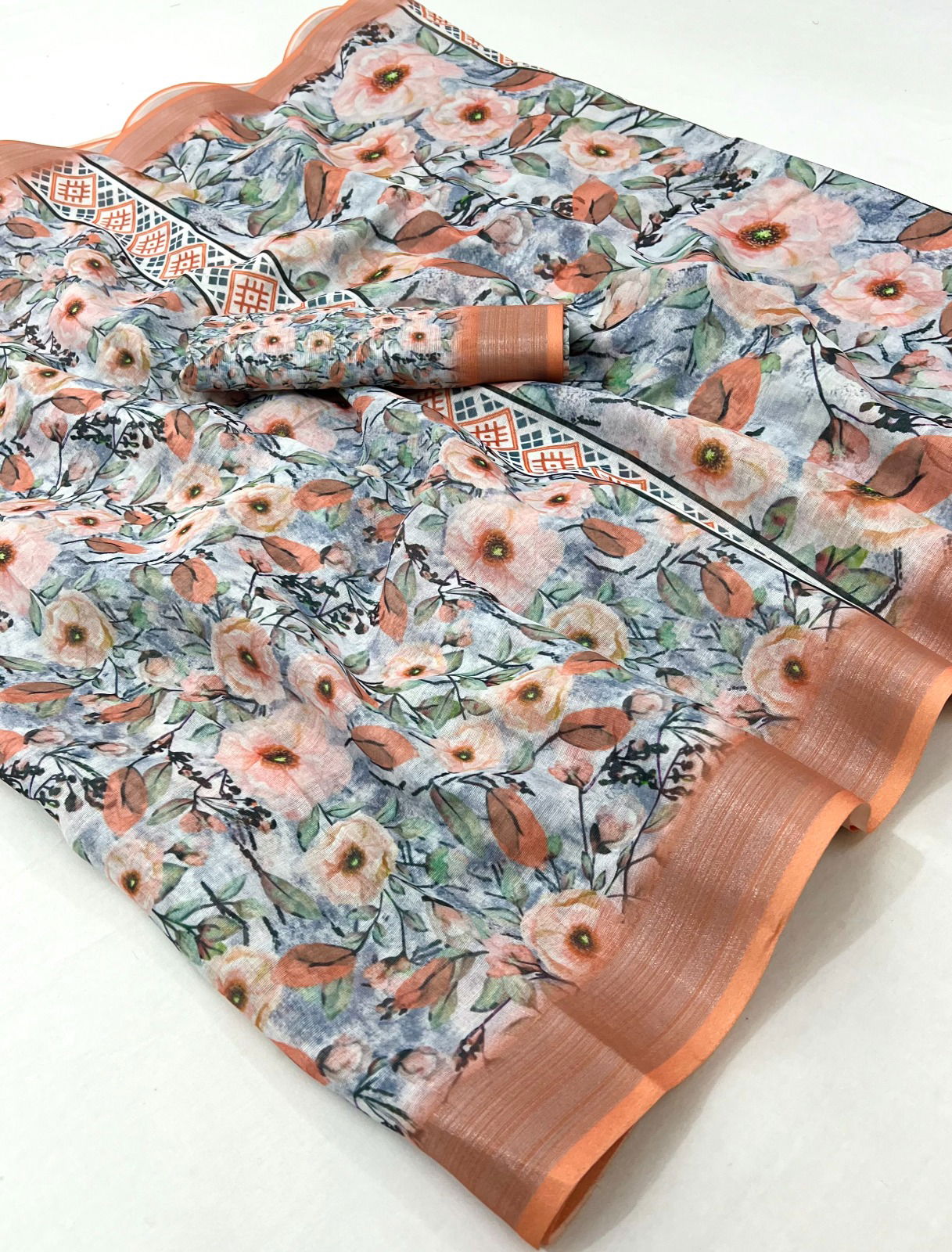 SRC Pure Linen Silver Jari Digital Printed Sarees Wholesale Market In Surat